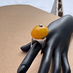 Vintage Large Sterling Silver Modernist Ring Butterscotch Baltic Amber, 1970s